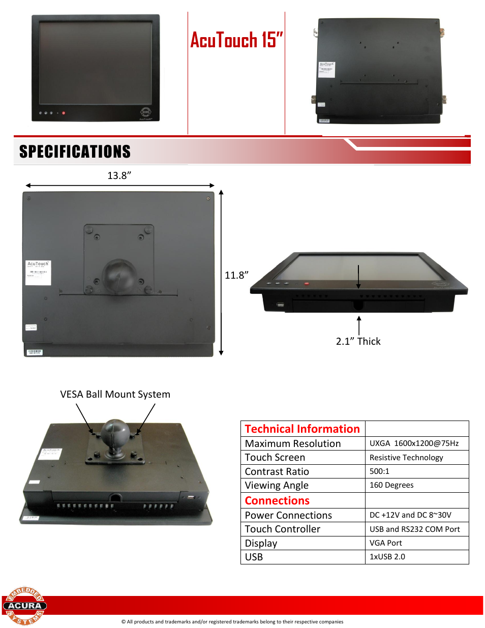 Acutouch 15, Specifications, Technical information | Connections | Acura Embedded AcuTouch 15″ User Manual | Page 2 / 2