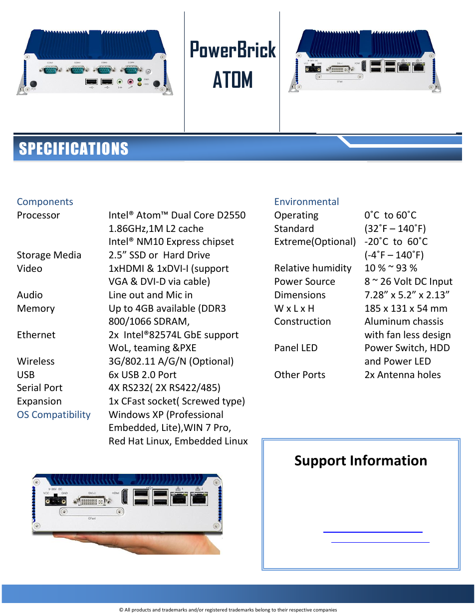 Powerbrick atom, Specifications, Support information | Acura Embedded PowerBrick ATOM User Manual | Page 2 / 2