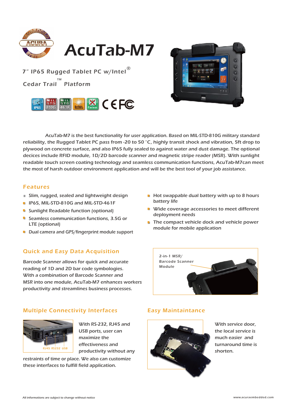 Acura Embedded AcuTab-M7 User Manual | 2 pages