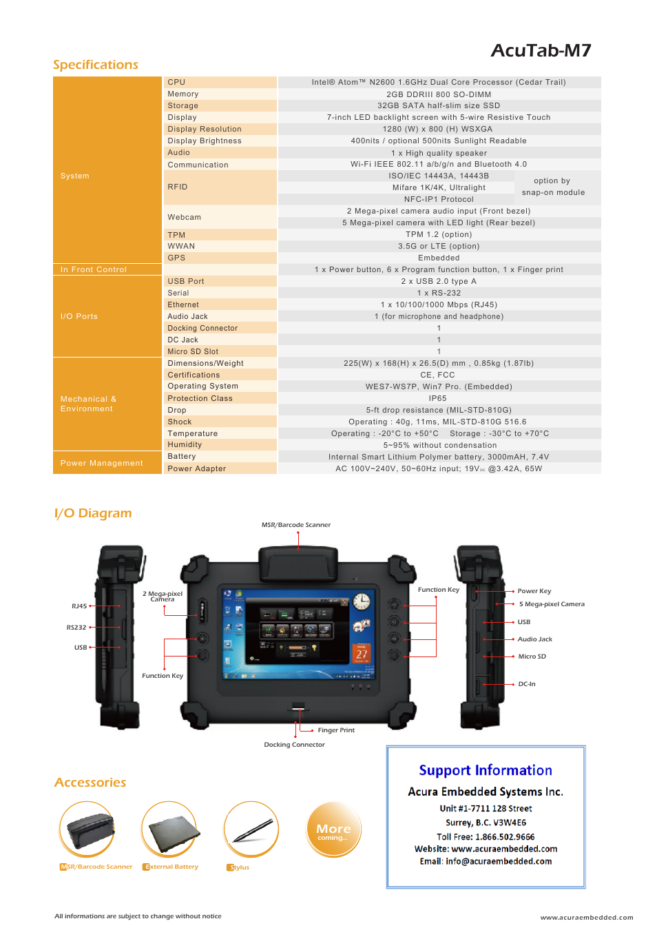 Acutab-m7, Specifications, I/o diagram accessories | More | Acura Embedded AcuTab-M7 User Manual | Page 2 / 2