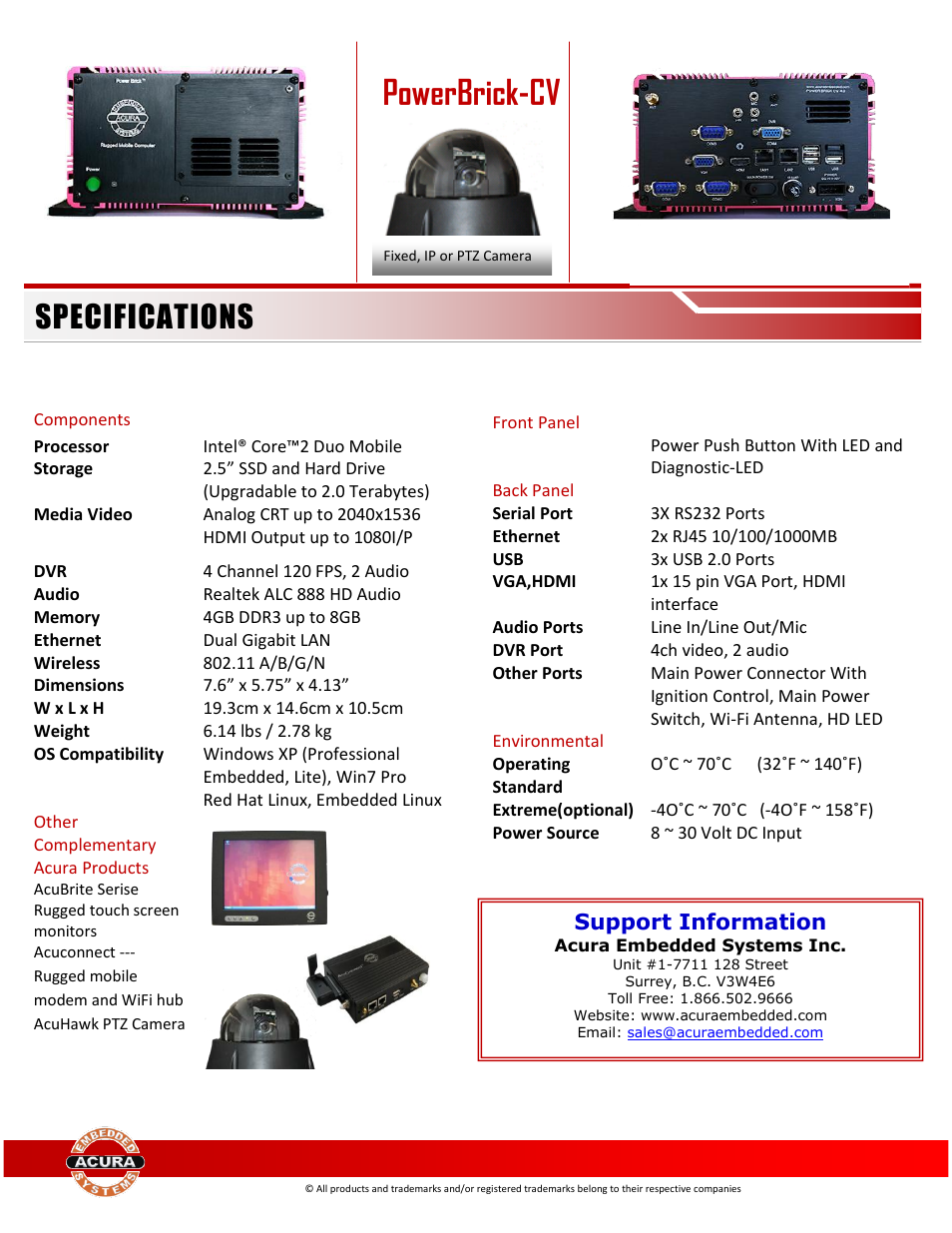 Powerbrick-cv, Specifications | Acura Embedded PowerBrick-CV User Manual | Page 2 / 2