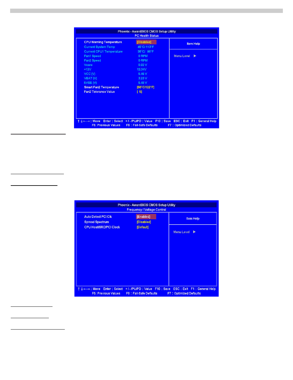 Pc health status, Frequency/voltage control, Load fail-safe/optimized defaults | Acura Embedded AcuPanel 12 User Manual | Page 31 / 34