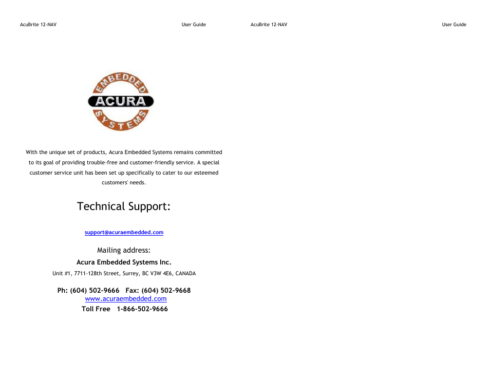 Technical support | Acura Embedded AcuBrite 12″-Nav User Manual | Page 6 / 6