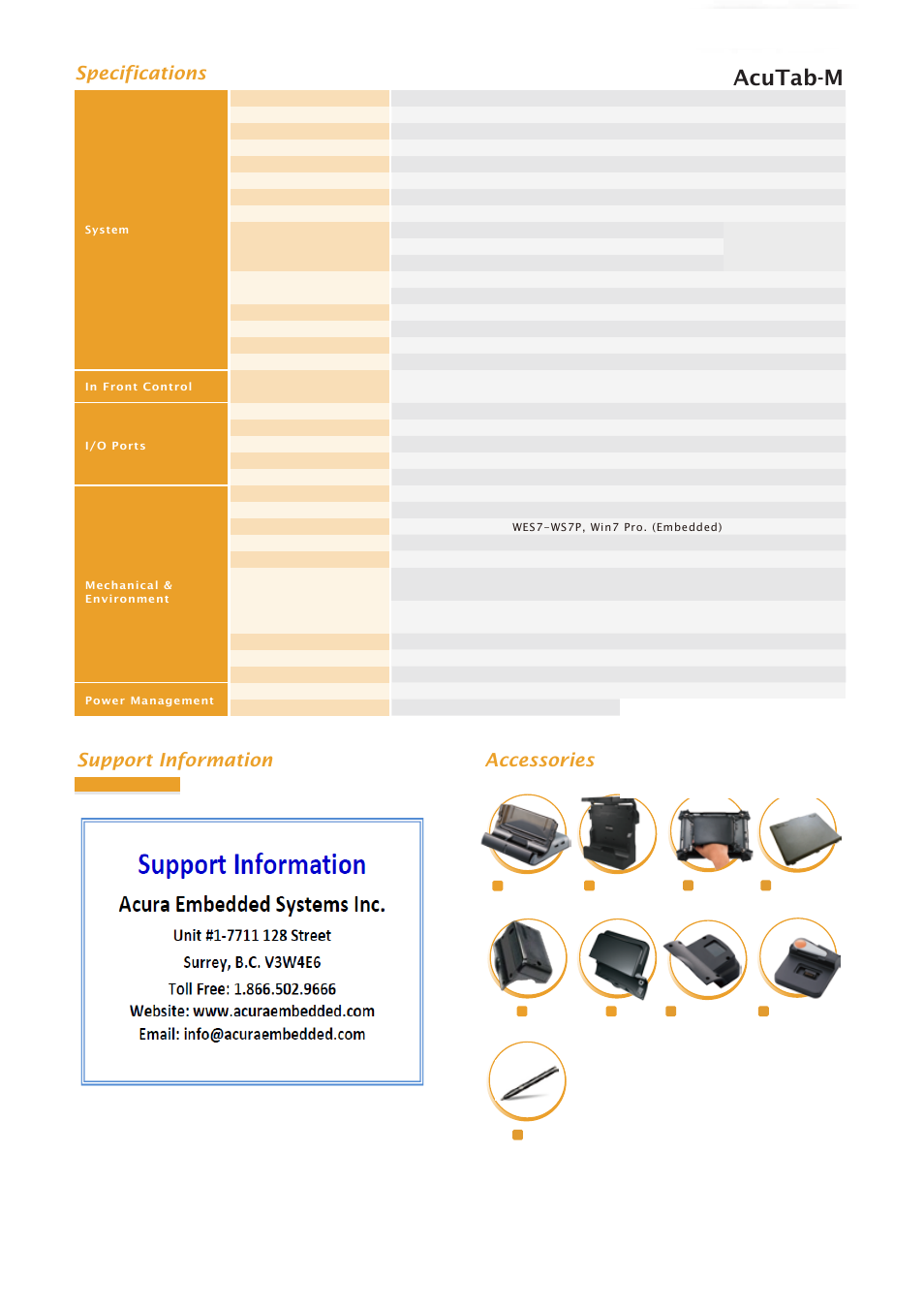 Acutab-m, Specifications, Support information | Accessories | Acura Embedded AcuTab-M User Manual | Page 2 / 2