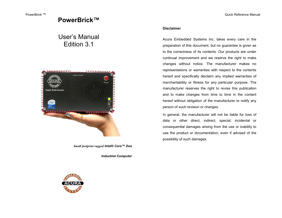 Acura Embedded PowerBrick 3.1 User Manual | 7 pages