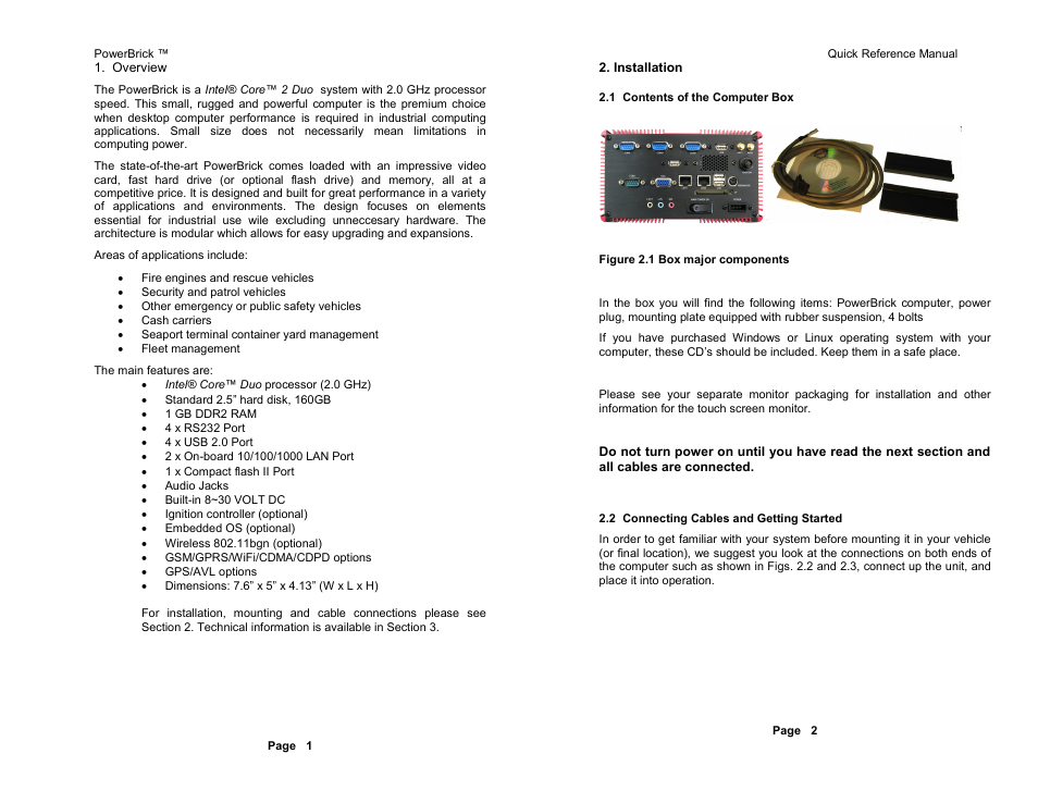 Contents of the computer box, Connecting cables and getting started | Acura Embedded PowerBrick 3.1 User Manual | Page 3 / 7
