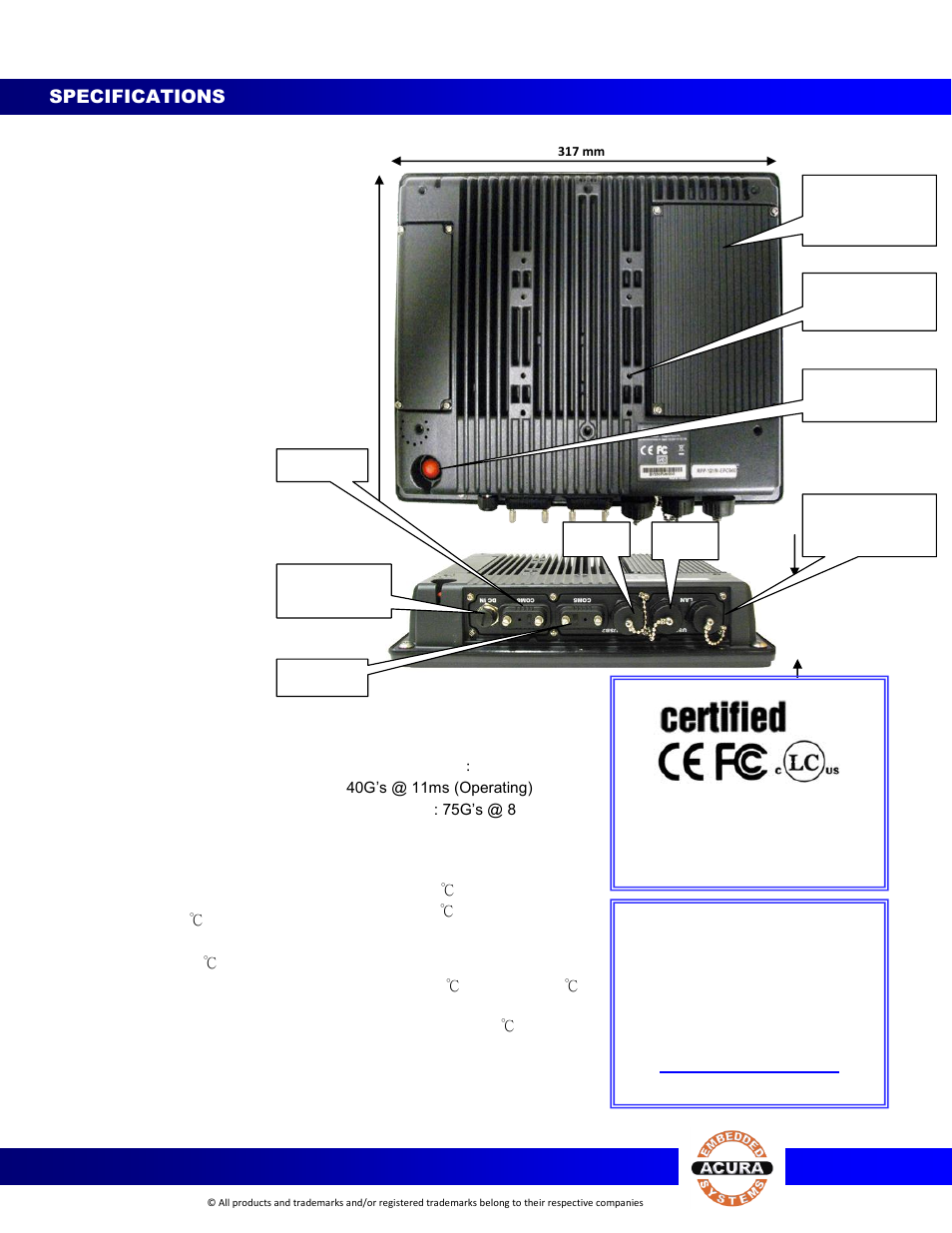 Technical info, Environment info, Support info | Water proof rugged lcd panel pc, Certifications, Protection class, Size & weight, Toll free | Acura Embedded AcuPanel 12 User Manual | Page 2 / 2