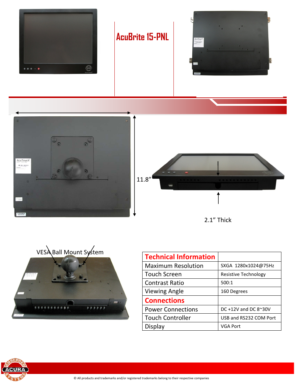 Acubrite 15-pnl specifications, Technical information, Connections | Acura Embedded AcuBrite 15″ PNL User Manual | Page 2 / 2