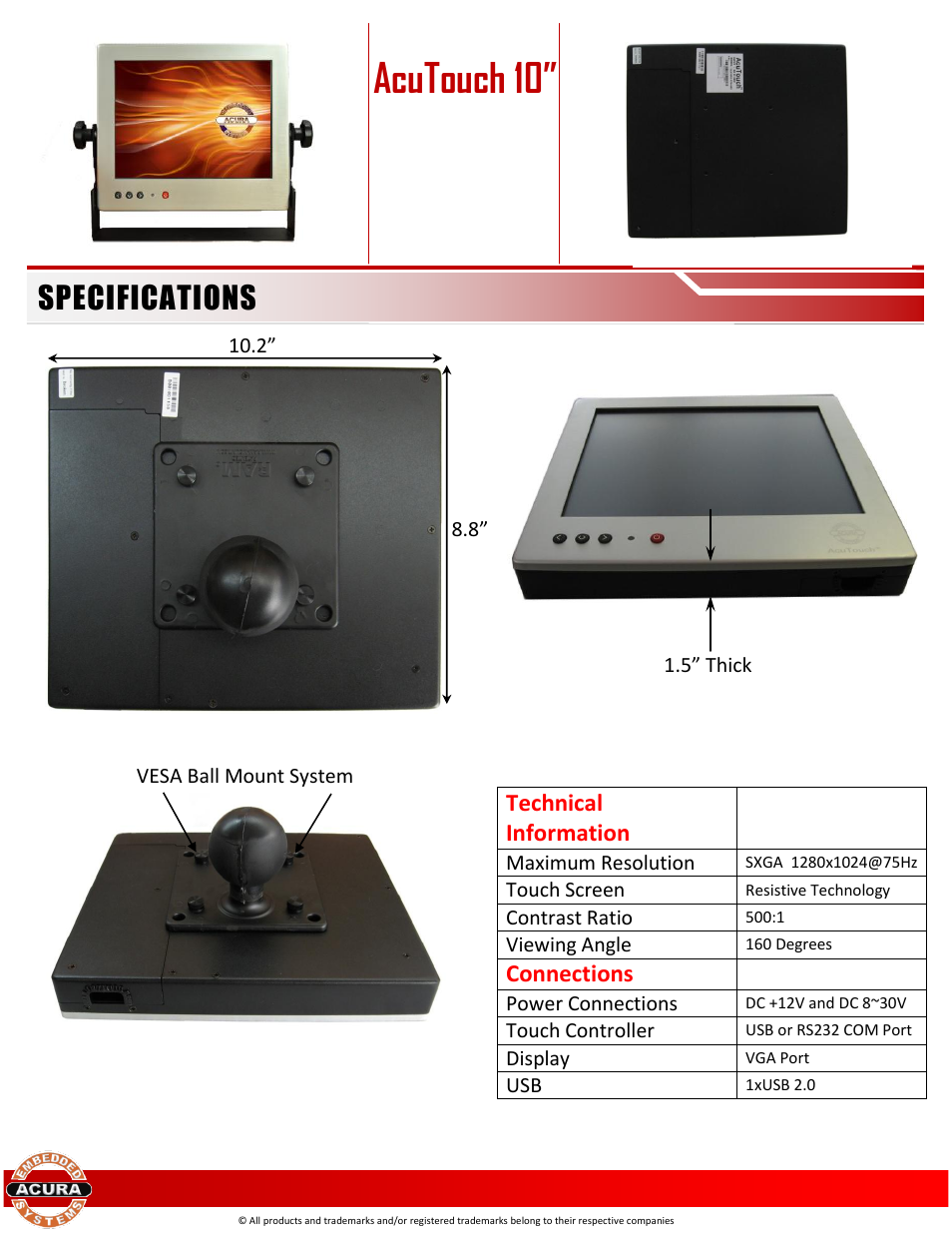 Acutouch 10, Specifications, Technical information | Connections | Acura Embedded AcuTouch 10″ User Manual | Page 2 / 2