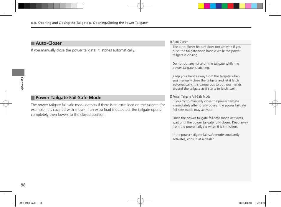 Auto-closer power tailgate fail-safe mode | Acura 2011 TSX Sport Wagon User Manual | Page 100 / 323