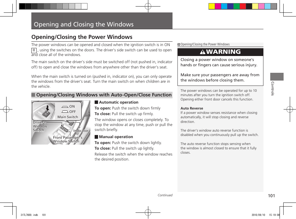Opening and closing the windows, Warning, Opening/closing the power windows | Acura 2011 TSX Sport Wagon User Manual | Page 103 / 323