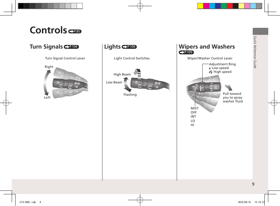 Controls, Turn signals, Lights | Wipers and washers | Acura 2011 TSX Sport Wagon User Manual | Page 11 / 323