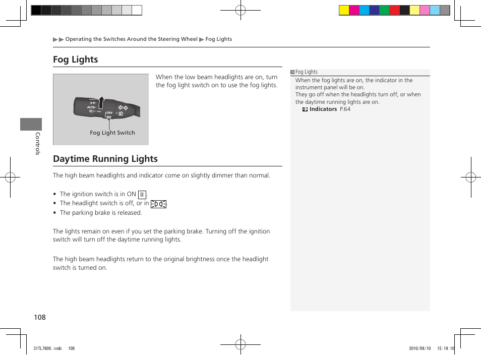 Fog lights, Daytime running lights | Acura 2011 TSX Sport Wagon User Manual | Page 110 / 323