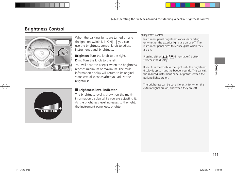 Brightness control | Acura 2011 TSX Sport Wagon User Manual | Page 113 / 323