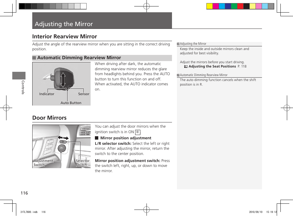 Adjusting the mirror, Interior rearview mirror, Door mirrors | Acura 2011 TSX Sport Wagon User Manual | Page 118 / 323