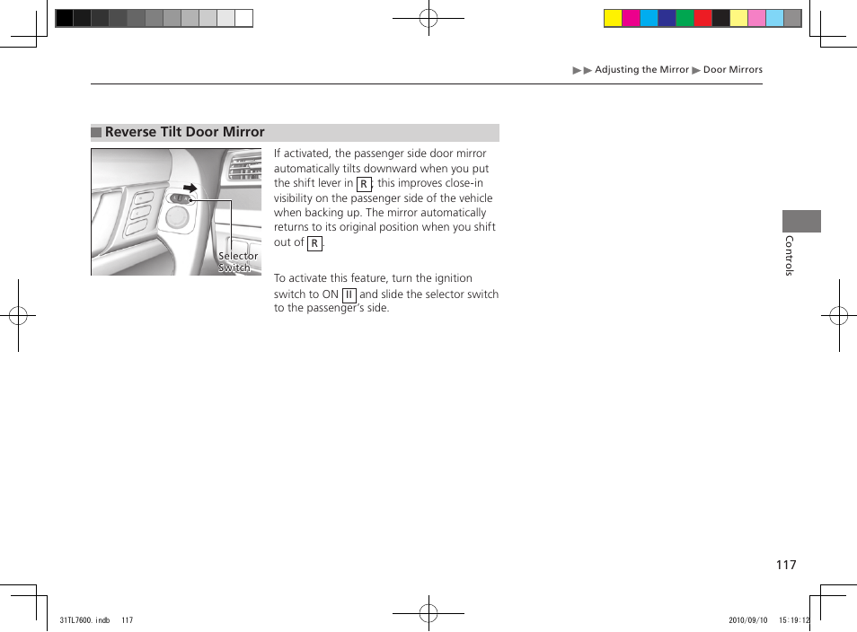 Reverse tilt door mirror | Acura 2011 TSX Sport Wagon User Manual | Page 119 / 323