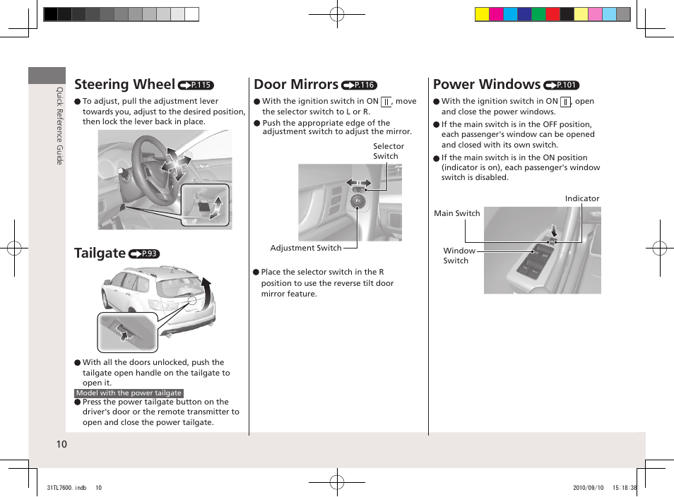 Steering wheel, Tailgate, Door mirrors | Power windows | Acura 2011 TSX Sport Wagon User Manual | Page 12 / 323