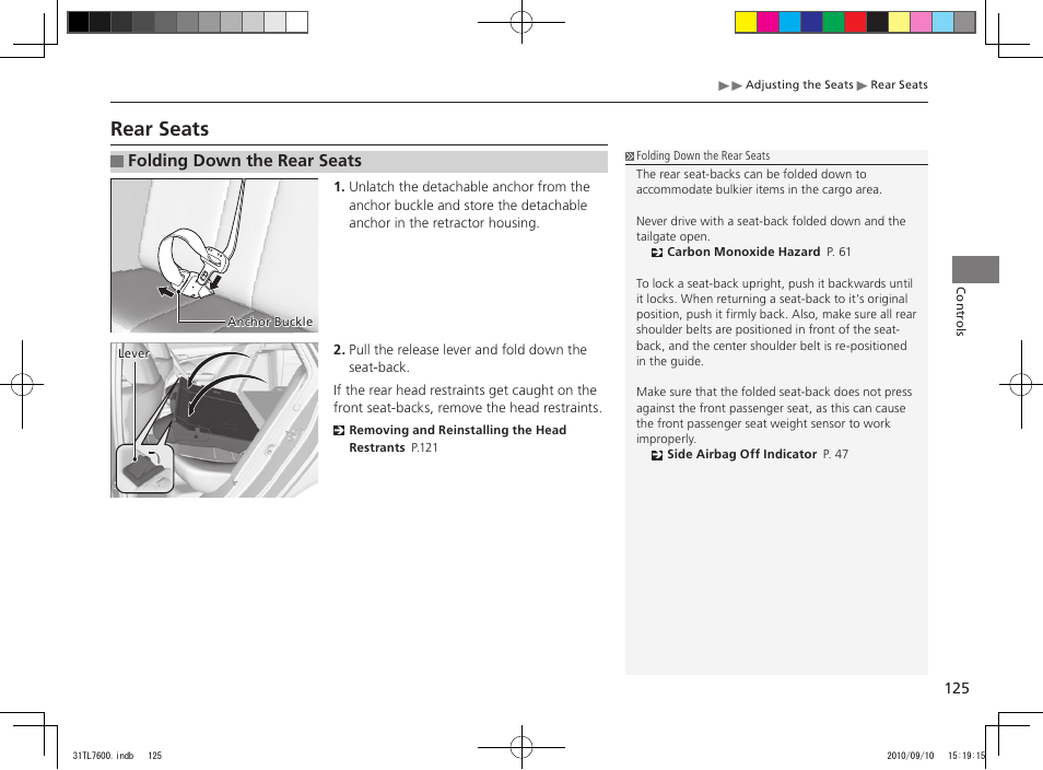 Rear seats, Folding down the rear seats | Acura 2011 TSX Sport Wagon User Manual | Page 127 / 323