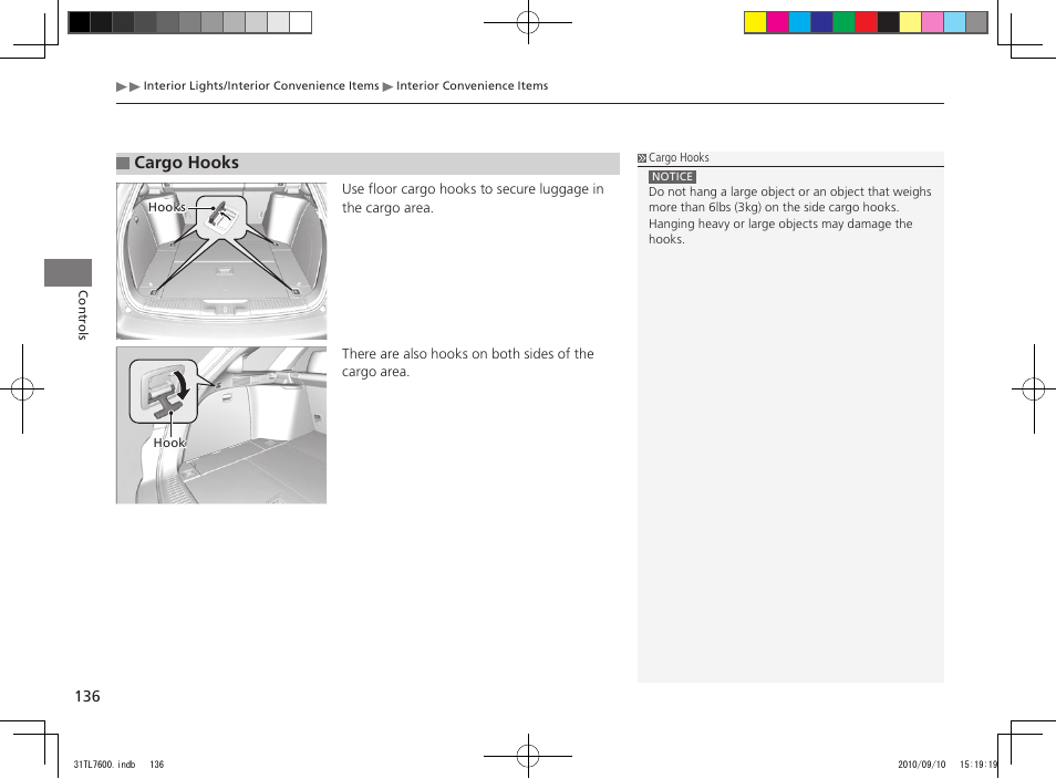 Cargo hooks | Acura 2011 TSX Sport Wagon User Manual | Page 138 / 323