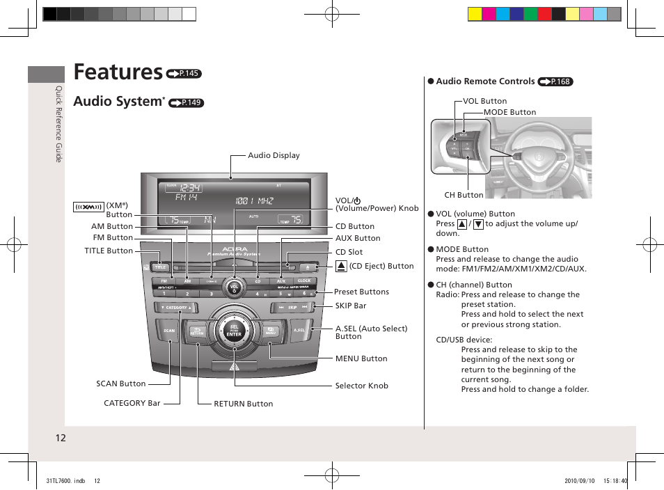 Features, Audio system | Acura 2011 TSX Sport Wagon User Manual | Page 14 / 323