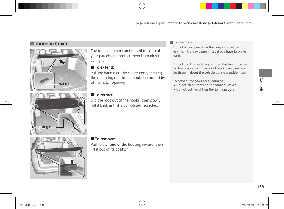 Tonneau cover | Acura 2011 TSX Sport Wagon User Manual | Page 141 / 323