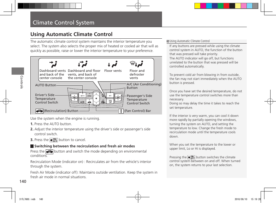 Climate control system, Using automatic climate control | Acura 2011 TSX Sport Wagon User Manual | Page 142 / 323