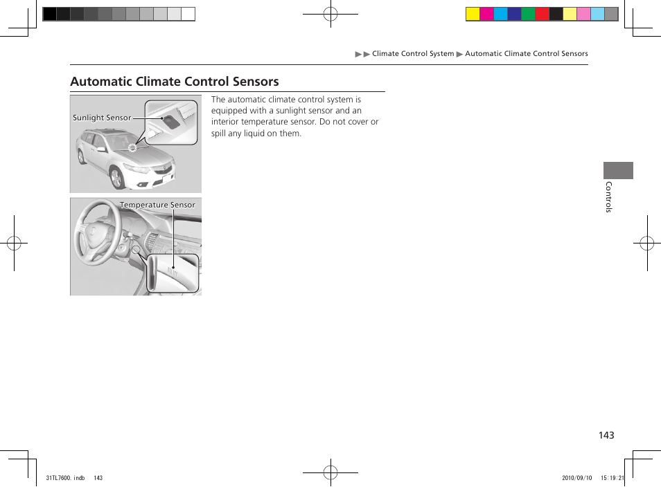 Automatic climate control sensors | Acura 2011 TSX Sport Wagon User Manual | Page 145 / 323