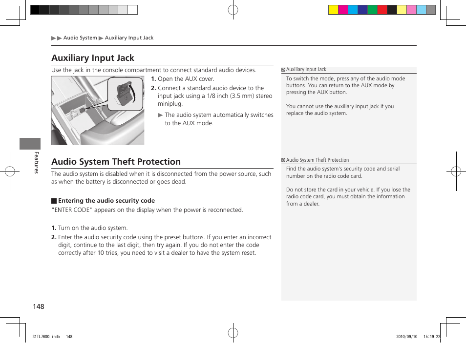Auxiliary input jack, Audio system theft protection | Acura 2011 TSX Sport Wagon User Manual | Page 150 / 323