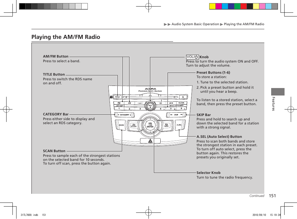 Playing the am/fm radio | Acura 2011 TSX Sport Wagon User Manual | Page 153 / 323