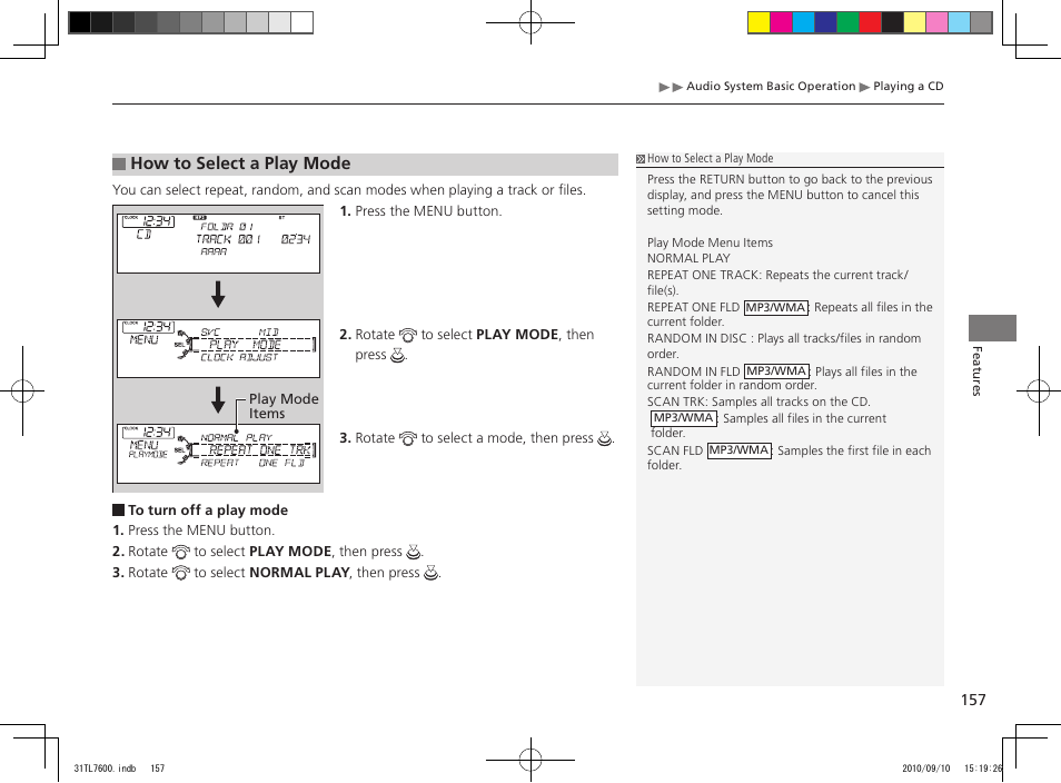 How to select a play mode | Acura 2011 TSX Sport Wagon User Manual | Page 159 / 323