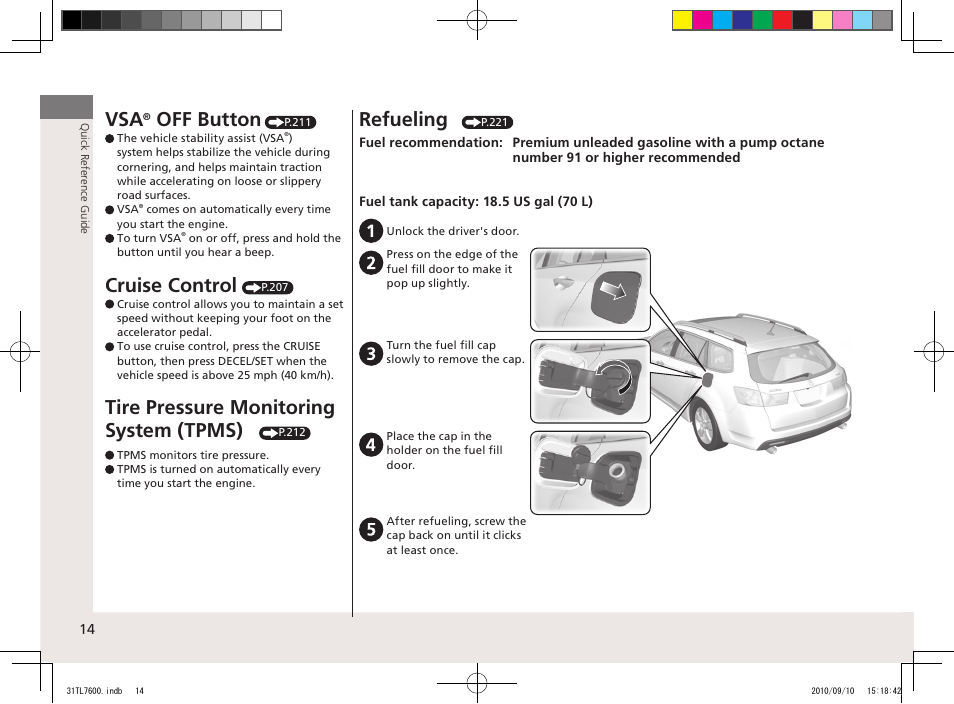 Off button, Cruise control, Tire pressure monitoring system (tpms) | Refueling | Acura 2011 TSX Sport Wagon User Manual | Page 16 / 323