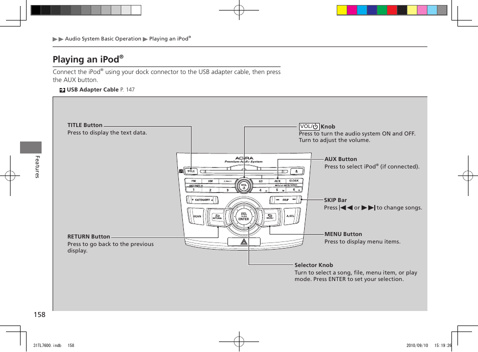 Playing an ipod | Acura 2011 TSX Sport Wagon User Manual | Page 160 / 323