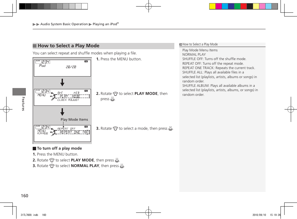 How to select a play mode | Acura 2011 TSX Sport Wagon User Manual | Page 162 / 323