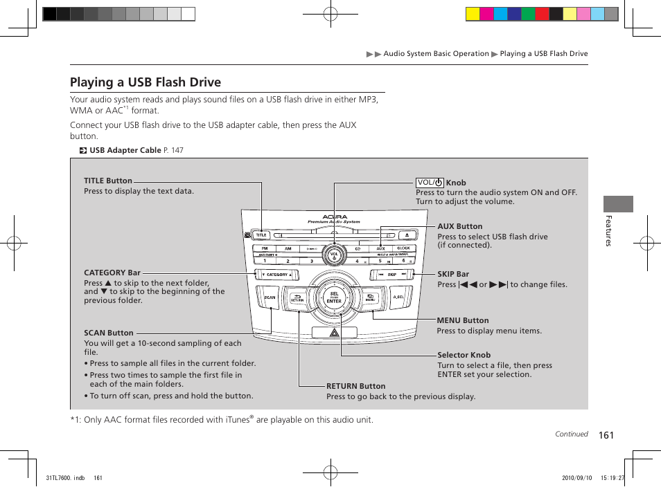 Playing a usb flash drive | Acura 2011 TSX Sport Wagon User Manual | Page 163 / 323