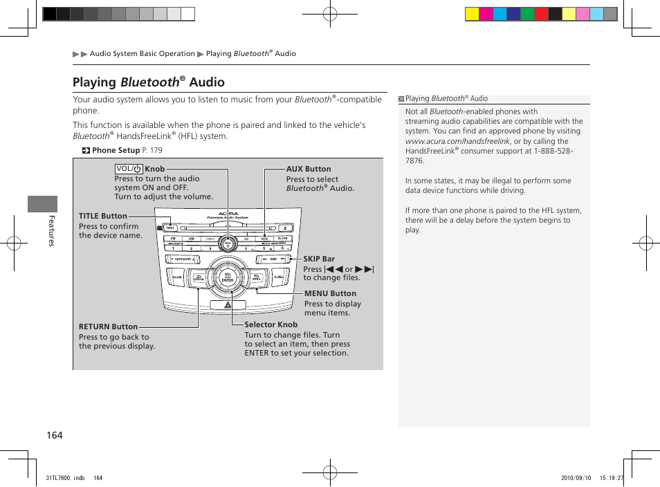 Playing bluetooth, Audio | Acura 2011 TSX Sport Wagon User Manual | Page 166 / 323