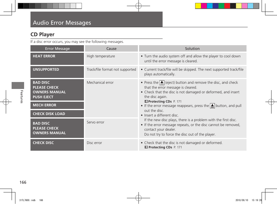 Audio error messages, Cd player | Acura 2011 TSX Sport Wagon User Manual | Page 168 / 323