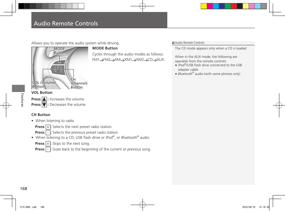 Audio remote controls | Acura 2011 TSX Sport Wagon User Manual | Page 170 / 323