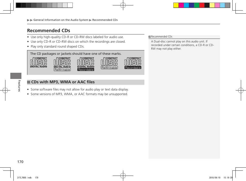 Recommended cds | Acura 2011 TSX Sport Wagon User Manual | Page 172 / 323