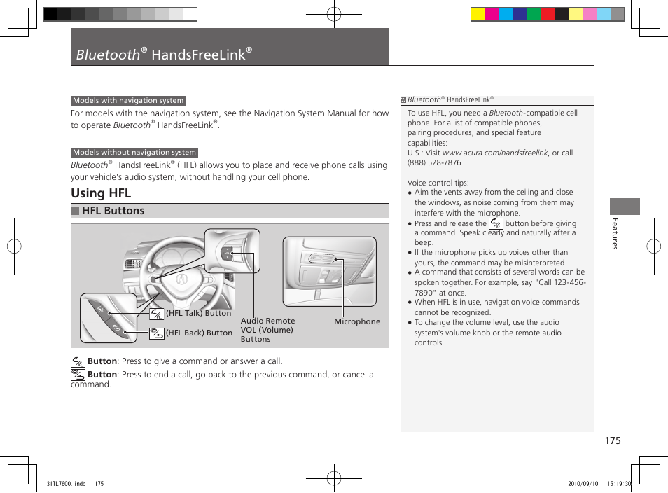 Bluetooth, Handsfreelink, Using hfl | Hfl buttons | Acura 2011 TSX Sport Wagon User Manual | Page 177 / 323