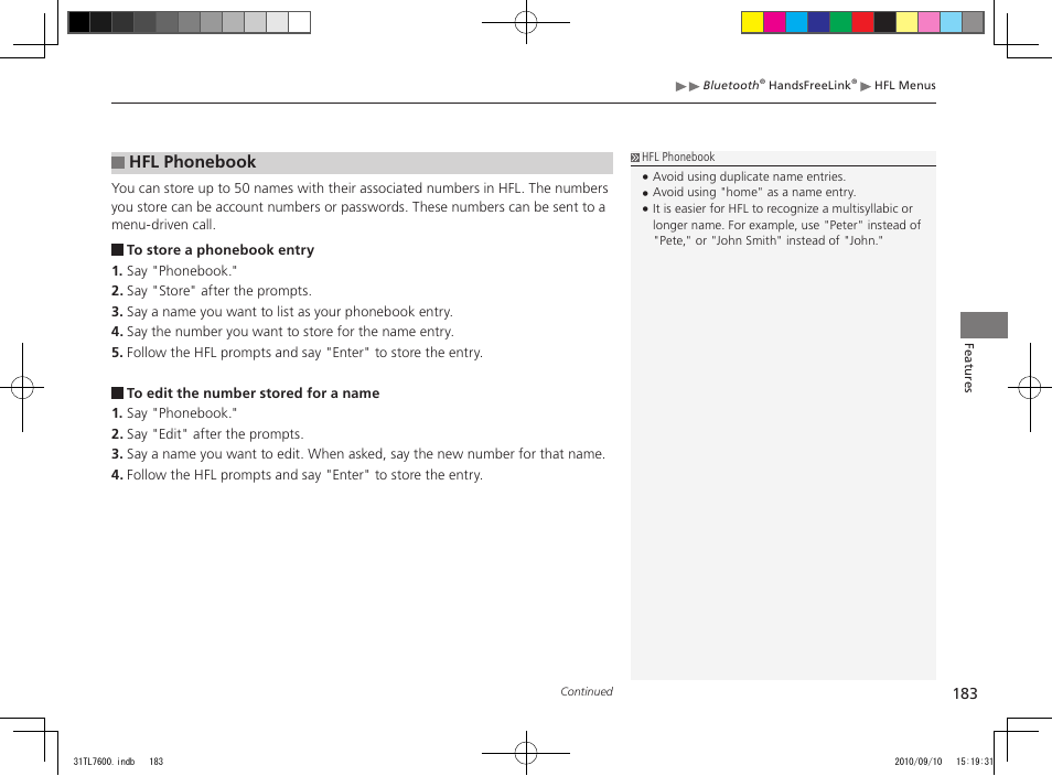 Hfl phonebook | Acura 2011 TSX Sport Wagon User Manual | Page 185 / 323