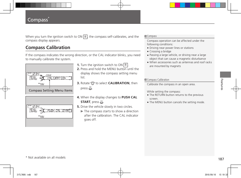 Compass, Compass calibration | Acura 2011 TSX Sport Wagon User Manual | Page 189 / 323