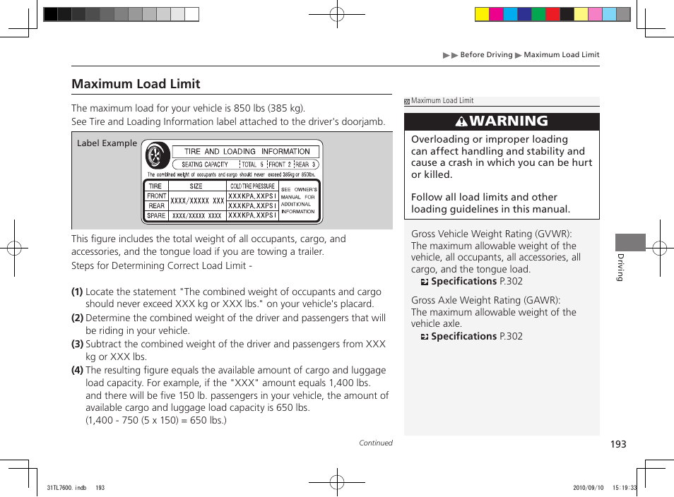 Warning, Maximum load limit | Acura 2011 TSX Sport Wagon User Manual | Page 195 / 323