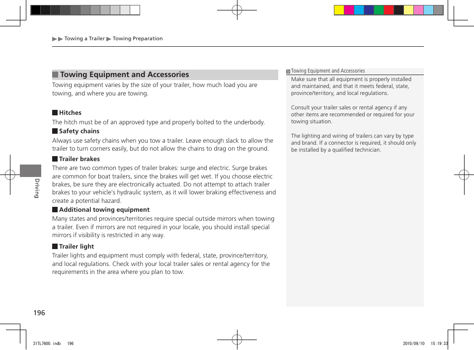 Towing equipment and accessories | Acura 2011 TSX Sport Wagon User Manual | Page 198 / 323