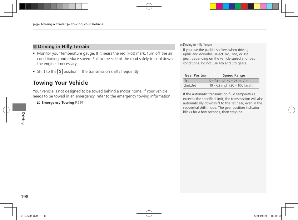 Towing your vehicle, Driving in hilly terrain | Acura 2011 TSX Sport Wagon User Manual | Page 200 / 323