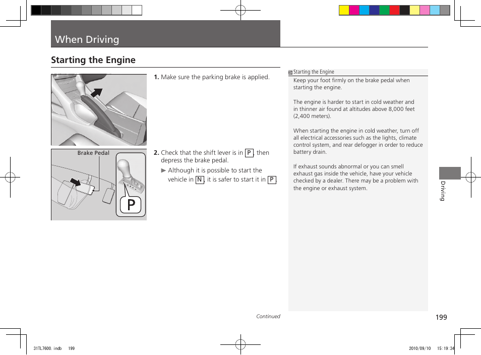 When driving, Starting the engine | Acura 2011 TSX Sport Wagon User Manual | Page 201 / 323