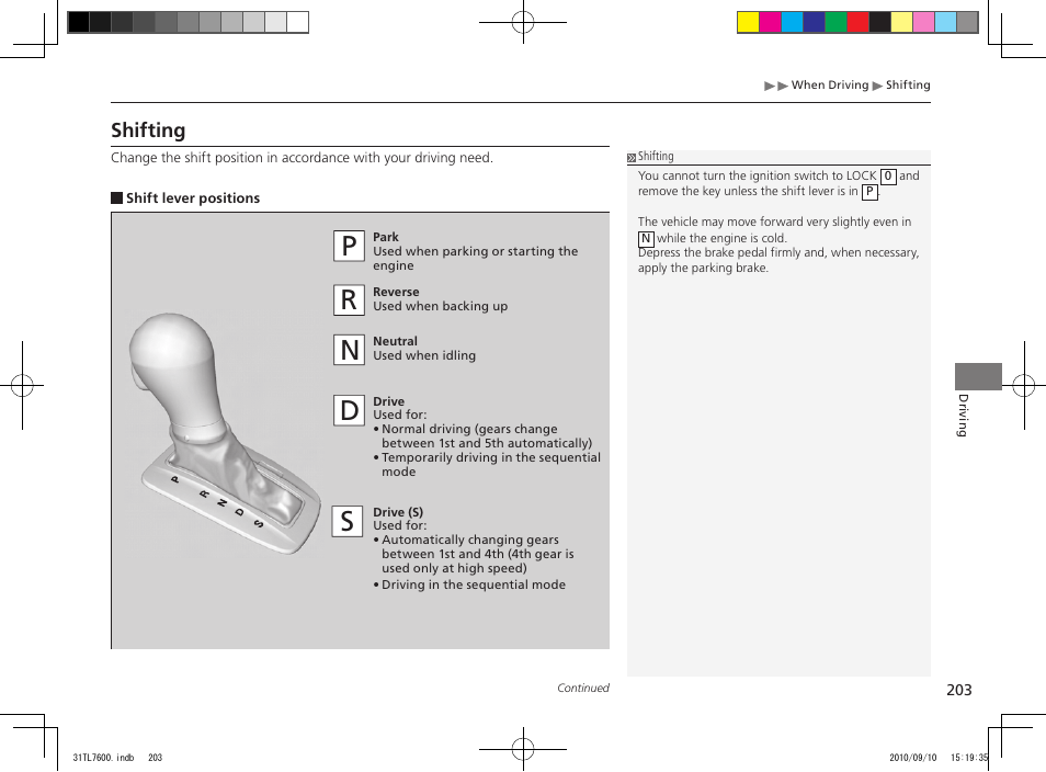 Pr n d s, Shifting | Acura 2011 TSX Sport Wagon User Manual | Page 205 / 323