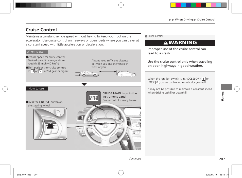 Warning, Cruise control | Acura 2011 TSX Sport Wagon User Manual | Page 209 / 323