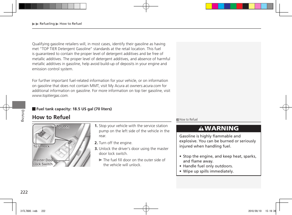 Warning, How to refuel | Acura 2011 TSX Sport Wagon User Manual | Page 224 / 323