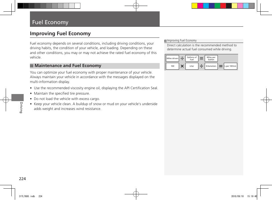 Fuel economy, Improving fuel economy, Maintenance and fuel economy | Acura 2011 TSX Sport Wagon User Manual | Page 226 / 323