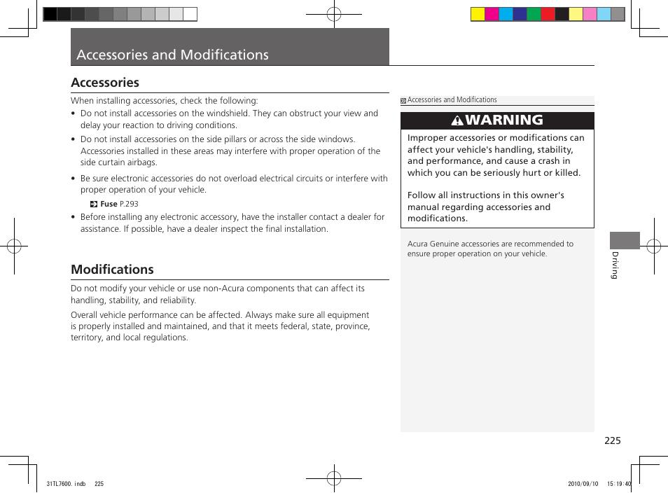 Accessories and modifications, Warning, Accessories | Modifications | Acura 2011 TSX Sport Wagon User Manual | Page 227 / 323